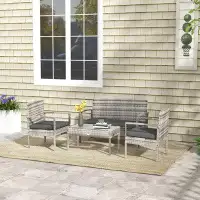 Outsunny Outdoor Wicker Conversation Set with Sofa, Chairs, Table, Grey