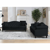 House of Hampton [Video] Chesterfield Sofa Black Velvet For Living Room, 3 Seater Sofa Tufted Couch With Rolled Arms And