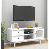 Corrigan Studio Living Room White TV Stand With Drawers And Open Shelves, A Cabinet With Glass Doors For Storage