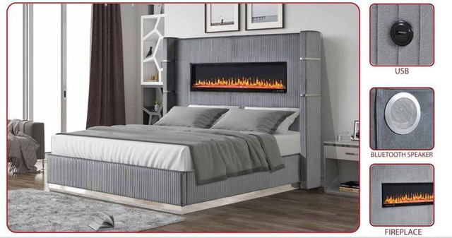 Spring Sale!!  Beautiful Grey Upholstered bed with Builtin Fireplace place &amp; Bluetooth speaker in Beds & Mattresses in Edmonton Area