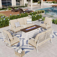 Alphamarts 7 Person White Outdoor Conversation Set with Swivel Lounge Chairs, Loveseat & Fire Pit Table