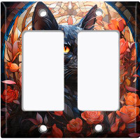 WorldAcc Metal Light Switch Plate Outlet Cover (Halloween Spooky Black Cat Autumn - Double Rocker)