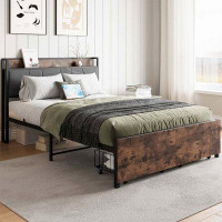 17 Stories Queen Size Bed Frame, Storage Headboard With Charging Station And 2 Drawers, Solid And Stable