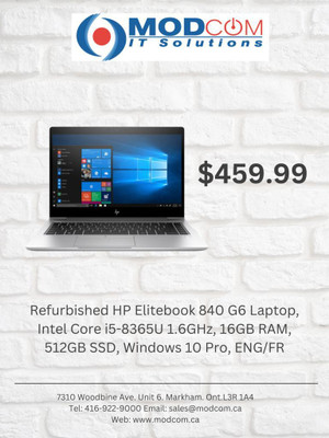 HP Elitebook 840 G6 Laptop, Intel Core i5-8365U 1.6GHz, 16GB RAM, 512GB SSD, Windows 10 Pro, ENG/FR Canada Preview