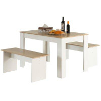 Latitude Run® White Modern Wooden Dining Table With Two Benches, Three Piece Set, Writing Desk