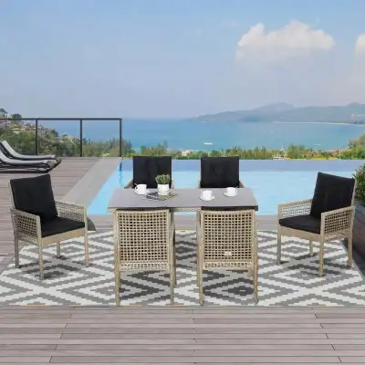 7pc Premium PE Rattan Wicker Outdoor Patio Dining Table w 6 Armchairs, Cushions - Black & Tan