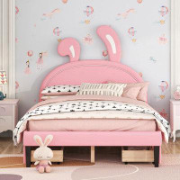 Zoomie Kids Full Size Upholstered Leather Platform Bed With Rabbit Ornament And 4 Drawers