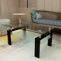 Wrought Studio Rectangle Walnut Glass Coffee Table, Clear Coffee Table, Modern Side Center Tables For Living Room, Livin
