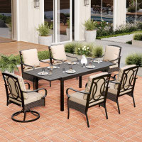 Alphamarts 6 - Person Rectangular Extendable Outdoor Dining Set with 2 Swivel Chairs & Cushions