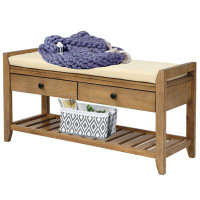 Highland Dunes Shoe Storage Bench, Wooden Entryway Bench With 2 Drawer Storage Space And Padded Cushion,Antique Navy