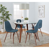LumiSource Folia Square Pebble Mid-Century Modern Dining Set In Walnut Wood, Square Clear Tempered Glass, Walnut Metal A