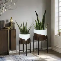 Ebern Designs Torkelson 2-Piece White and Brown Metal Cachepot Planters Set with Black Stands