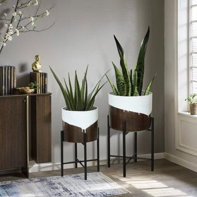 Ebern Designs Torkelson 2-Piece White and Brown Metal Cachepot Planters Set with Black Stands in Patio & Garden Furniture