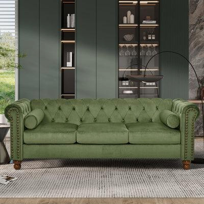 Alcott Hill Opulent Phoyal Large Sofa: Green Velvet Three-seat Chesterfield, Modern 3-seater Settee With Classic Tufted  in Couches & Futons