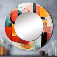 Design Art Blue Orange Mid Century Geometric Abstractions I - Abstract Collages Blue Large Round Mirror