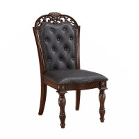 Bloomsbury Market Formal Dining Chairs Set Of 2 Cherry Finish Button-Tufted Faux Leather Upholstered Traditional Dining
