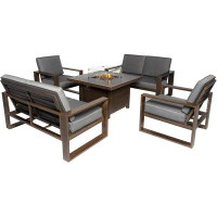 Hokku Designs 5 Piece Patio Dining Set 41.34’’ Fire Pit Table with 2 Armchair + 2 Loveseat