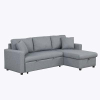 Ebern Designs Upholstery Sleeper Sectional Sofa Grey with Storage Space, 2 Tossing Cushions