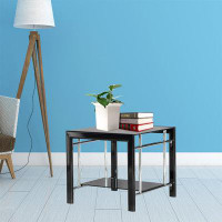 Wrought Studio Black Glass Top Side Table With Foldable Side Frames
