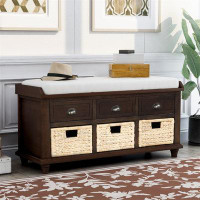 Alcott Hill Rustic Storage Bench With 3 Drawers And 3 Rattan Baskets, Shoe Bench For Living Room, Entryway