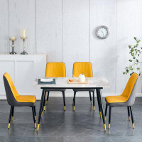 AmeriTop Contemporary Dining Set: White Patterned Stone Table & 4 Dual-colour Pu Chairs, Metal Frame