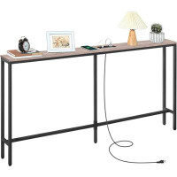 17 Stories Skinny Console Table With Power Outlets, 63" Narrow Sofa Table, Behind Couch Table With Charging Station, Sof