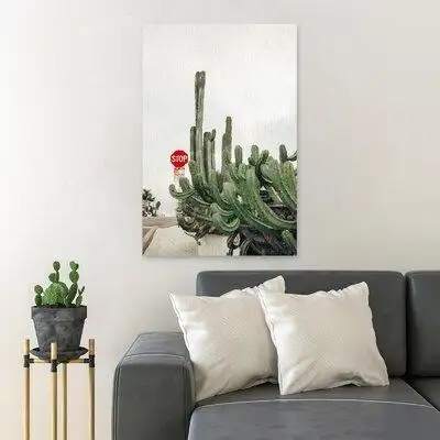 Foundry Select Green Cactus Plant Near Red Stop Sign - 1 Piece Rectangle Graphic Art Print On Wrapped Canvas