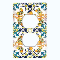 WorldAcc Metal Light Switch Plate Outlet Cover (Blue Yellow Damask Tile Fruit White  - Single Duplex)