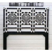 Bayou Breeze Joy Headboard With Black Poles And White Leather With Geometric Side And Centre Panels