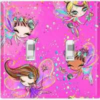 WorldAcc Metal Light Switch Plate Outlet Cover (Four Fairy Princesses Pink Star  - Double Toggle)