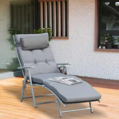 7-Position Folding Reclining Sun Lounger Tanning Lawn Chair w Cushion, Outdoor Patio Pool, Grey