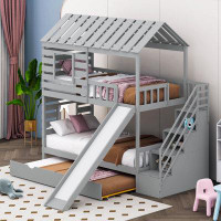 Harper Orchard Postfield Twin Over Twin House Bunk Bed With Trundle And Slide, Roof And Window Design