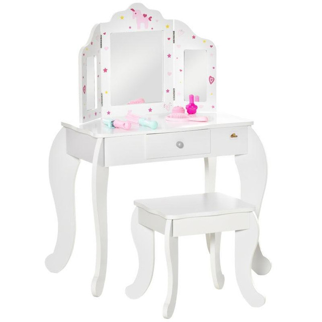 KIDS VANITY TABLE AND STOOL, MAKEUP VANITY GIRLS DRESSING TABLE SET WITH TRI-FOLDING MIRRORS DRAWER STAR AND HEART PATTE in Toys & Games - Image 2