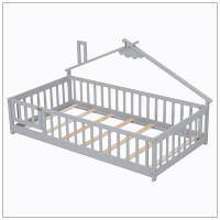 Harper Orchard Twin House-Shaped Bedside Floor Bed with Guardrails