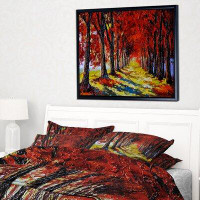 Made in Canada - East Urban Home 'Autumn Forest with Red Leaves' Framed Oil Painting Print on Wrapped Canvas