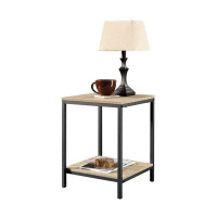 17 Stories Modern Black Metal Frame End Table With Oak Finish Wood Top And Bottom Shelf
