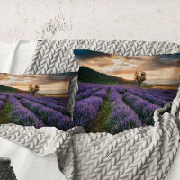 East Urban Home Square,Sunrise & Dramatic Clouds Over Lavender Field VII - Farmhouse Printed Throw Pillow