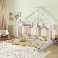 Gracie Oaks Wood Twin Size House Platform Beds,Two Shared Beds With Shelves And Guardrail, Creamy White