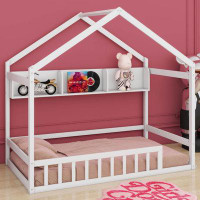 Harper Orchard Wooden Twin Size House Bed With Storage Shelf,Kids Bed With Fence And Roof