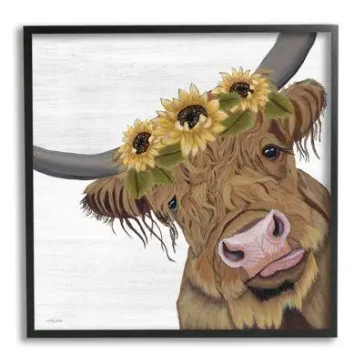 Stupell Industries Cute Highland Cattle Sunflower Crown Grey Framed Giclee Art By Ashley Justice