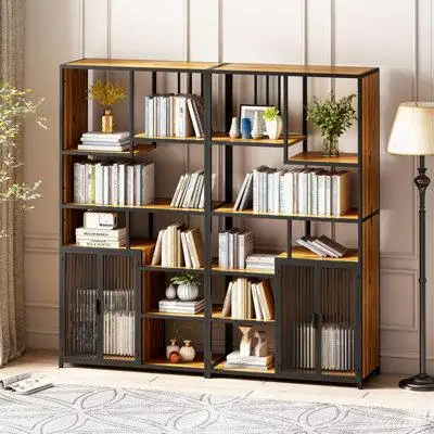 17 Stories Bookshelf Storage Rack with 2 Enclosed Storage Cabinets