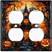 WorldAcc Metal Light Switch Plate Outlet Cover (Halloween Spooky Pumpkin Manor House - Double Duplex)