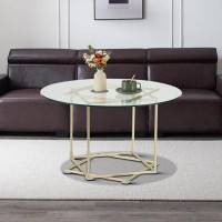 Mercer41 Classic design circular coffee table with Sturdy Gold metal Base and Glass tabletop