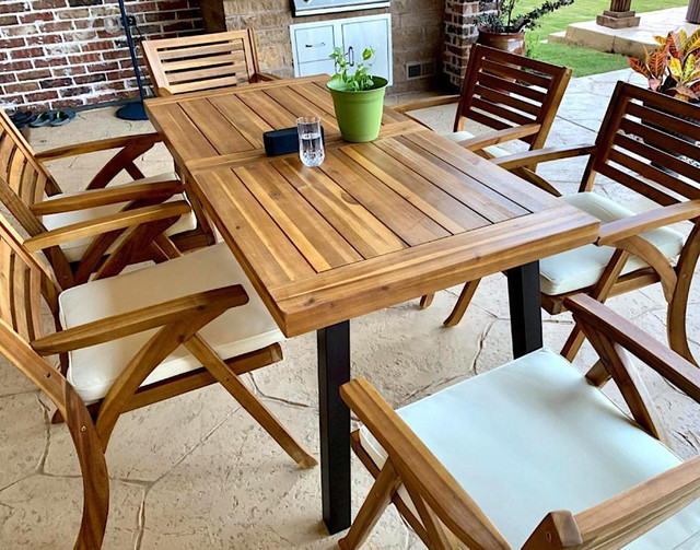 Patio Outdoor Teak Wood Kitchen Dining Table Bistro Bar Set Arm Chairs in Patio & Garden Furniture
