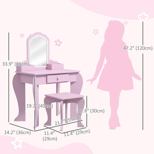 Kids Dressing Table Set 21.7" x 13.5" x 33.9" Pink in Toys & Games - Image 3