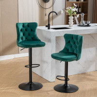 Everly Quinn Set Of 2 Green Swivel Velvet Barstools With Adjustable Seat Height (25-33 Inch), Modern Upholstered Design