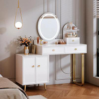 Everly Quinn Everly Quinn White Modern Vanity Desk,Retractable Makeup Vanity,With LDE Mirror And 2 Spacious Drawers,Make