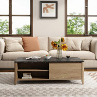 Mercer41 47 Inch Modern Farmhouse Double Drawer Coffee Table For Living Room Or Office , Tobacco Wood And Marble Texture