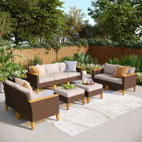 Lark Manor 9-Piece Wicker Outdoor Patio Furniture Set, Sectional Patio Set with Beige Cushions, Fire pit table
