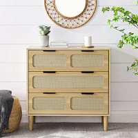 Bay Isle Home™ 3 Drawer Dresser, Modern Rattan Dresser Cabinet With Wide Drawers And Metal Handles, Farmhouse Wood Stora